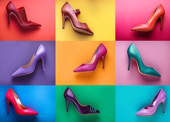 A collection of high heels in various colors and styles on a colorful background, representing the fashion industry and women's