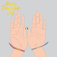 International Friendship Day, hands with friendship belt.  typography of Happy Friendship Day, Vector illustration isolated on a grey background, 
