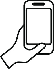 Hand is shown holding a smartphone, in a simple and iconic outline style