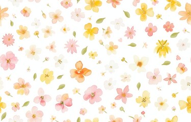 A seamless pattern of small, colorful watercolor flowers in pastel colors on white background