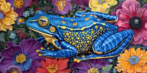 Obraz premium Colorful Frog Amidst Blooming Flowers