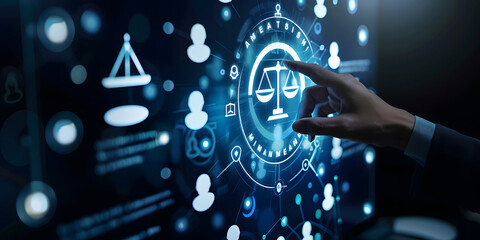 Fototapeta premium Businessman touching law icons on the virtual screen for business legal advice, Labor law, Lawyer, Attorney at law, Legal advice business concept design