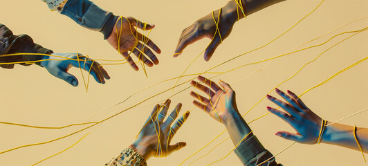 Multiple hands reaching towards each other, connected by yellow strings that symbolize the interconnectedness of people and their experiences