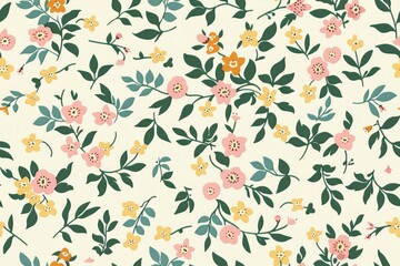 A seamless pattern of small pink and yellow flowers, pastel green leaves on a cream background