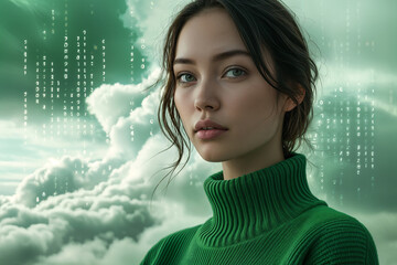 Fototapeta premium A young woman with striking blue eyes and brown hair, wearing a green turtleneck sweater. She is set against a backdrop of clouds and digital numbers, giving the impression of a futuristic theme.