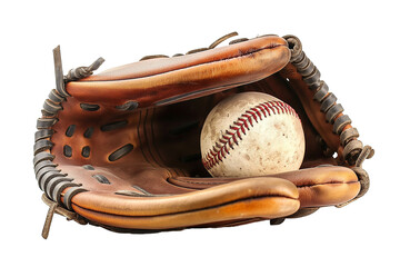 A baseball glove with a baseball in it, isolated on transparent background.