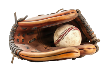 A baseball glove with a baseball in it, isolated on transparent background.