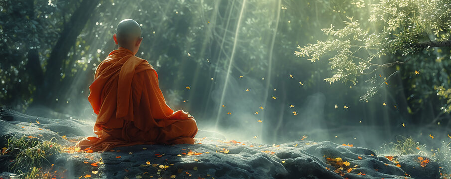 Meditating monk, flowing robes, tranquil forest clearing, gentle breeze, sunlight filtering through the trees, photography, backlighting, vignette