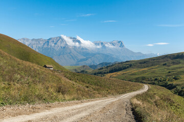 Stunning view of Aktoprak pass between Baksan and Chegem gorges. Caucasus mountains. Kabardino-Balkaria, Russia.