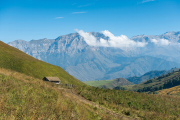 Fototapeta premium Stunning view of Aktoprak pass between Baksan and Chegem gorges. Caucasus mountains. Kabardino-Balkaria, Russia.