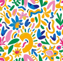 Naklejka premium A seamless pattern of suns and flowers, with colorful pastel colors and bold outlines