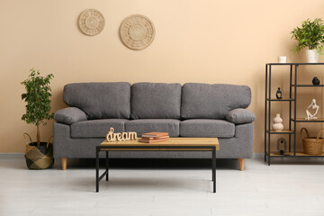 Cozy sofa, shelving unit, coffee table and houseplant near beige wall in living room