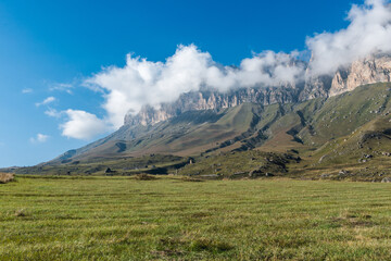 Stunning view of Aktoprak pass between Baksan and Chegem gorges. Caucasus mountains. Kabardino-Balkaria, Russia.