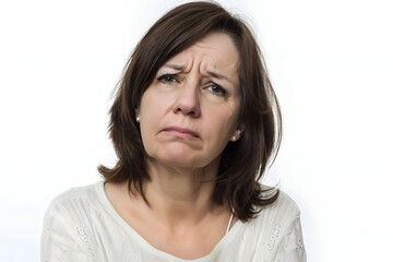 middle aged woman looking sad and mournful on white backdrop. generative ai