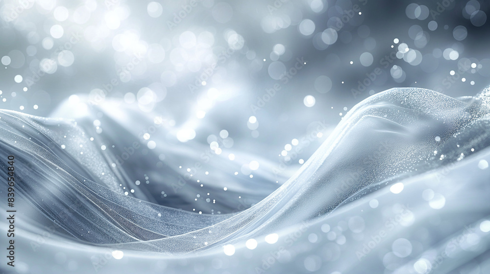 Poster an abstract background image of shimmering white fabric with bokeh lights