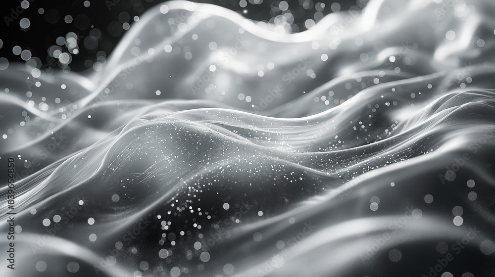 Poster a close-up of a digital abstract image depicting a silver, flowing wave with subtle bokeh effects, r