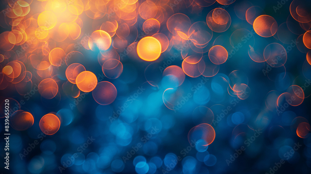 Poster an abstract image of out-of-focus lights creating a vibrant bokeh effect with warm orange and cool b