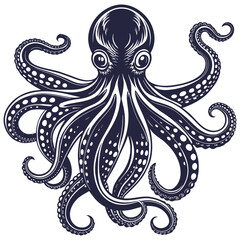 Detailed linocut octopus, artistically rendered to evoke the mysterious and fascinating nature of this deep sea creature, suitable for marine themed designs and nautical decor