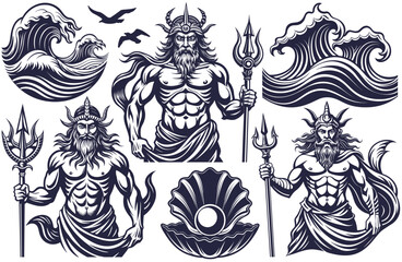 Naklejka premium Linocut set of Poseidon, collection with mythological sea god, wave, depicted with a regal crown and a formidable trident, evoking the power and mystery of the ocean