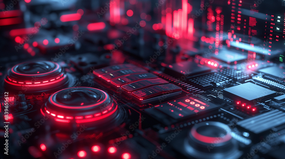 Poster a close-up shot of a futuristic circuit board with glowing red lights, highlighting the complex and 