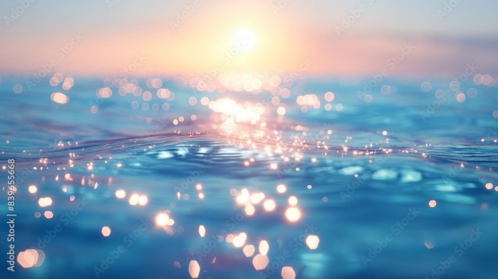 Poster a close-up view of the ocean surface, capturing the subtle ripples and shimmering light reflecting f