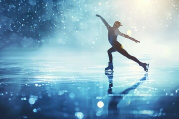 Skater glides across icy surface, surrounded by snow-covered trees and mountains