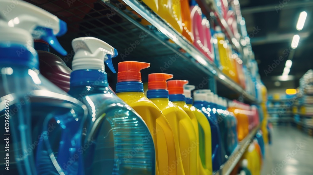 Poster row of glass bottles filled with detergents on a store shelf