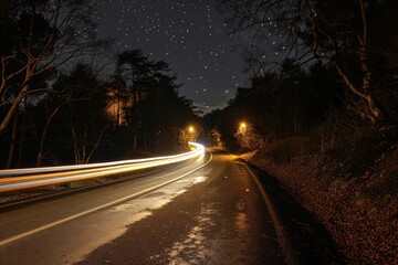 Fototapeta premium Night Road with Light Trails and Stars