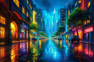 Naklejka premium A city street at night, with tall buildings lining the sides of the road and colorful lights illuminating the scene. The street is wet from recent rainfall, reflecting glows on its surface.