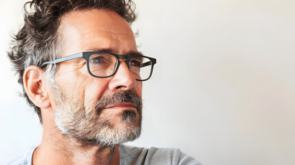 Fototapeta premium middle aged man with a thoughtful and contemplative look on white backdrop. generative ai