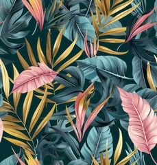 A seamless pattern of tropical leaves in various shades, blending into each other with pastel pink and yellow accents on dark teal background