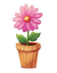 A pink flower growing in an wooden pot, in the style of clip art, simple vector illustration with white background, flat design, minimalist, no shadow, high resolution