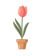 A pink flower growing in an open pot, flat design with simple lines and solid colors on a white background