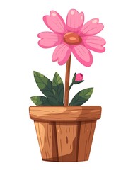 A pink flower growing in an wooden pot, in the style of clip art, simple vector illustration with white background, flat design, minimalist, no shadow, high resolution