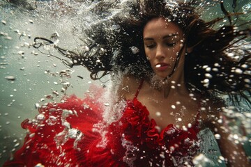 Woman in Red Dress Underwater with Bubbles
