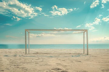 Beach soccer goal on sandy shore, ocean waves crashing behind