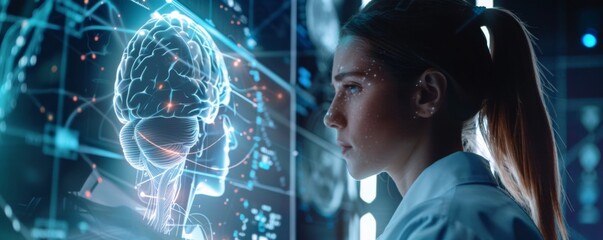 European women doctor is analyzing patient brain with digital modern technology, banner. Generative Ai.