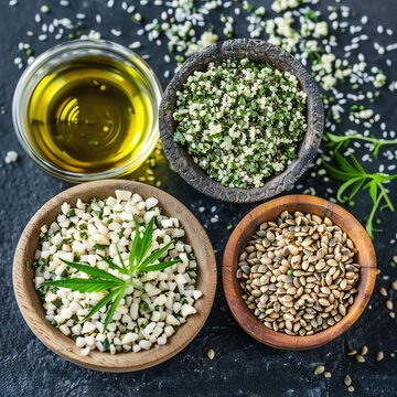 Four bowls with hemp seeds and hemp oil on a dark background.