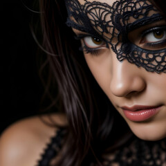 Veiled Allure: Close-Up of a Woman's Eyes Behind a Black Lace Mask