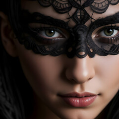 Mystery Unveiled: Young Woman with Black Lace Mask on a Dark Background