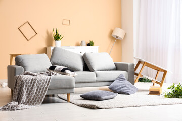 Interior of messy living room with sofa and pillows on carpet