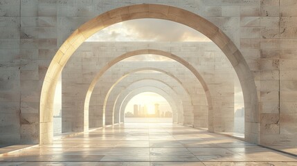 Obraz premium creative business concept mockup on beige concrete background with arches leading perspective and city skyscrapers view in abstract design