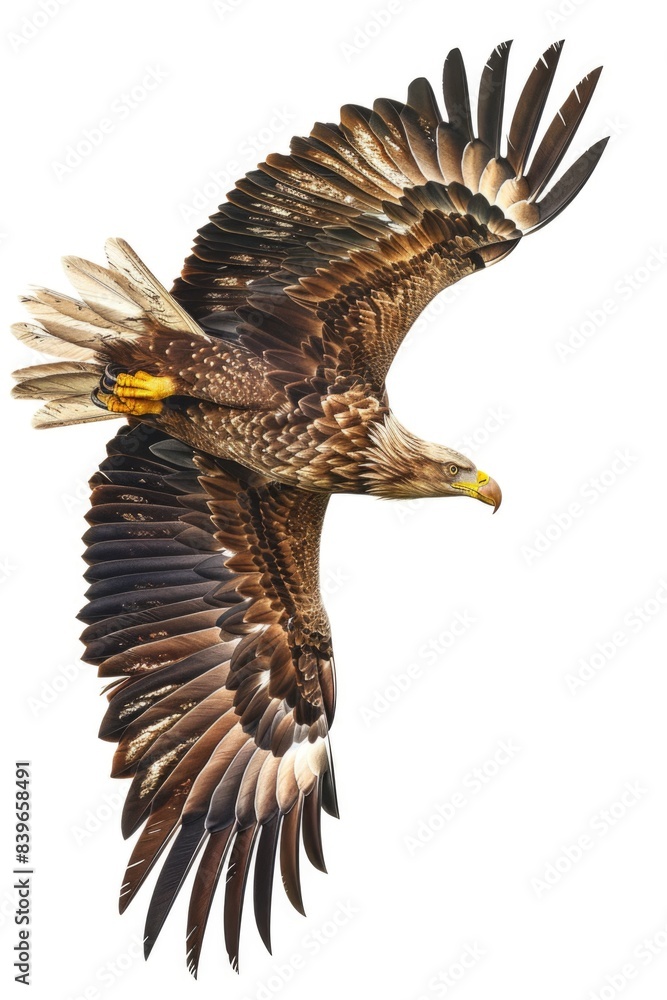 Poster a large bird of prey soaring through the air, providing an image for various uses such as wildlife p
