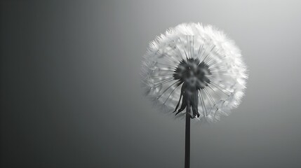 Close-up of a dandelion seed head against a simple grey background. - Powered by Adobe