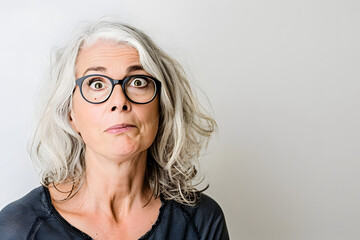 middle aged woman with a curious and inquisitive expression on white backdrop. generative ai