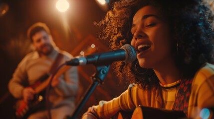 A woman sings into a microphone while a man plays the guitar, capturing a moment of musical performance