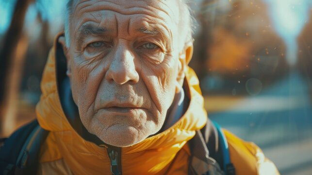 A senior male wearing a yellow jacket and carrying a black backpack is shown on the image