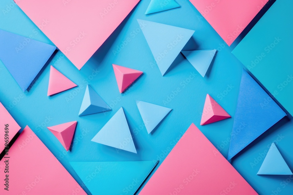Poster a colorful abstract design featuring triangles on a blue and pink gradient background