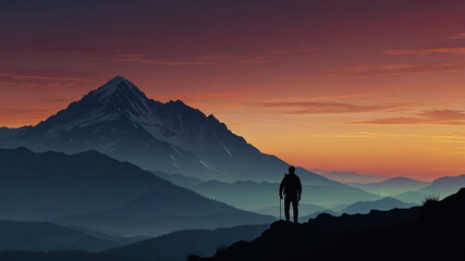 Obraz premium Majestic Mountain Trekker Silhouette - Lone Trekker Admiring Mountain Summit at Sunset.