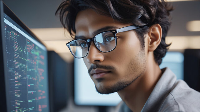 Financial Analyst Working on Computer with Multi-Monitor Workstation with Green Screen Chroma Key Mock Up Template and Real-Time Stock Charts. Businessman Works in Investment Bank Late in the Evening.